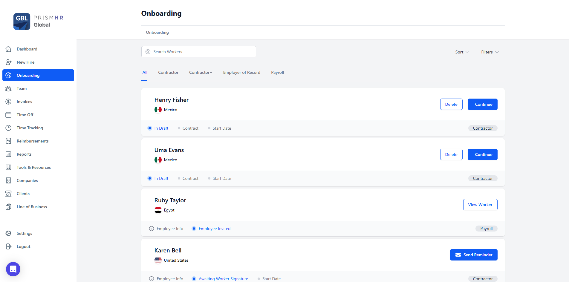 Legacy onboarding in PrismHR Global: a single list of workers with draft, contract and start-date steps, plus Continue, View Worker and Send Reminder actions.