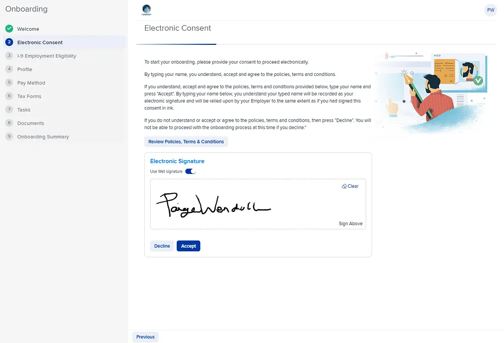 Onboarding 1.0, Electronic Consent step: a nine-step progress sidebar beside an electronic signature pad with Decline and Accept buttons.