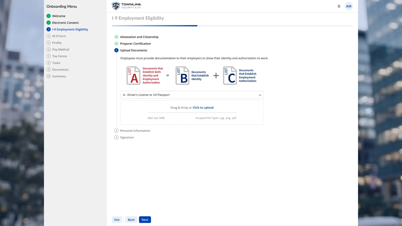 Desktop I-9 Employment Eligibility step. A ten-step onboarding menu on the left, and on the right the Upload Documents sub-step with List A, B and C document options, a document type dropdown and a drag-and-drop upload area.