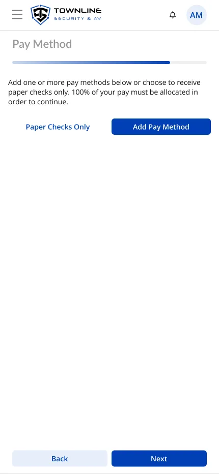 Mobile Pay Method step before any pay is set up: a note that 100% of pay must be allocated to continue, with Paper Checks Only and Add Pay Method options.