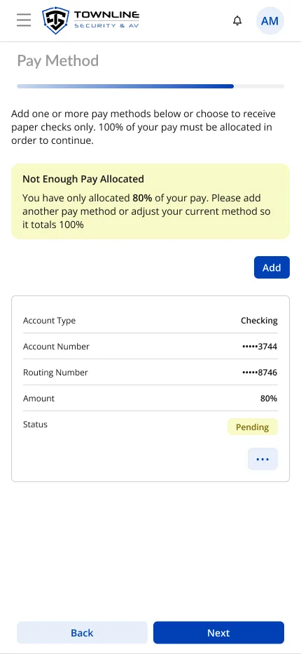 Mobile Pay Method step with a warning: Not Enough Pay Allocated, only 80% of pay is allocated. A checking account card shows the 80% amount and a Pending status.