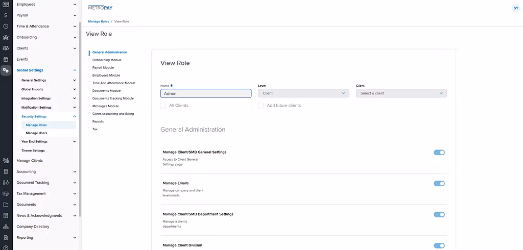 The earlier View Role screen: a list of modules beside a long column of individual permission toggles.