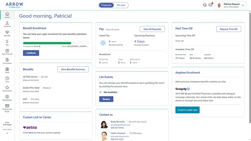 The current employee portal: a fixed dashboard of cards for benefit enrollment, pay, paid time off, benefits, life events and contacts.