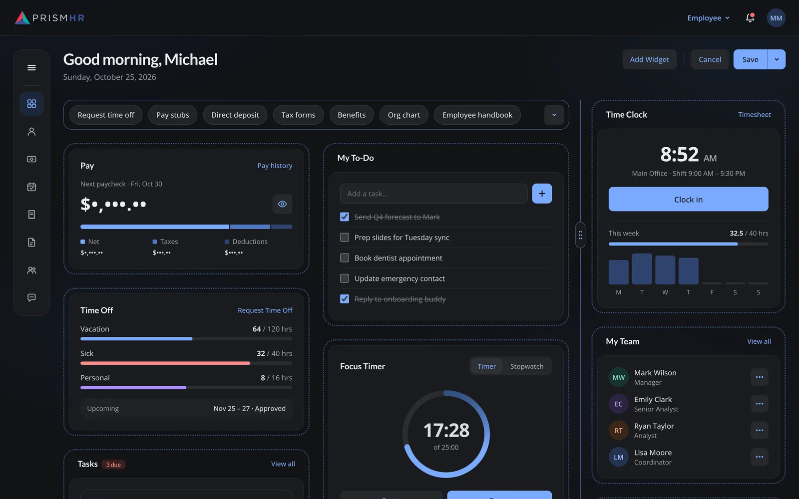 Dashboard in edit mode: widgets outlined as movable blocks, with Add Widget, Cancel and Save controls.