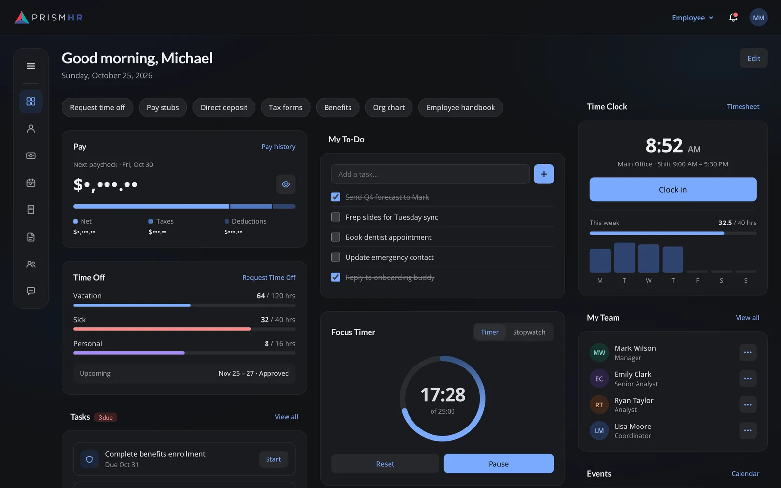 Employee dashboard concept: a greeting, quick-action shortcuts, and widgets for pay, a personal to-do list, a time clock with weekly hours, a focus timer, time off and the employee’s team.