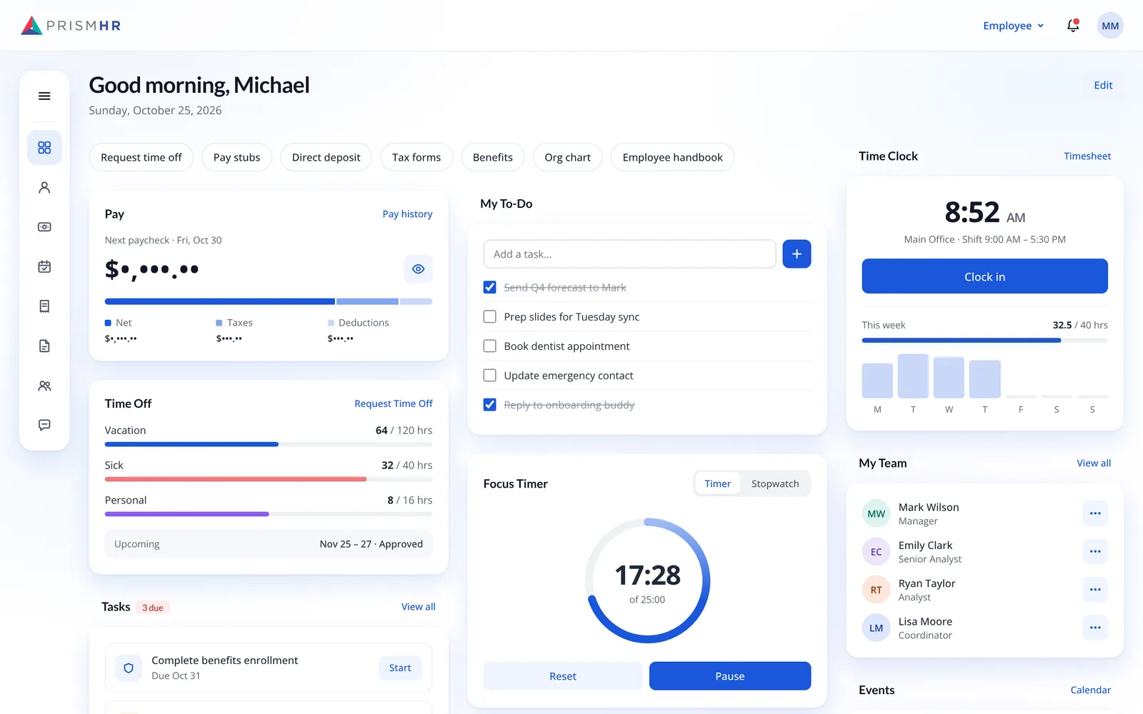 Employee dashboard concept: a greeting, quick-action shortcuts, and widgets for pay, a personal to-do list, a time clock with weekly hours, a focus timer, time off and the employee’s team.
