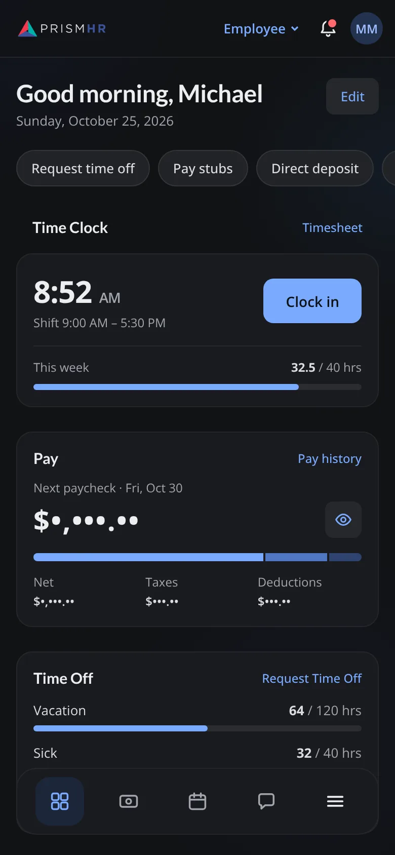 Mobile employee dashboard in dark mode with time clock, pay and time off widgets and a bottom navigation bar.