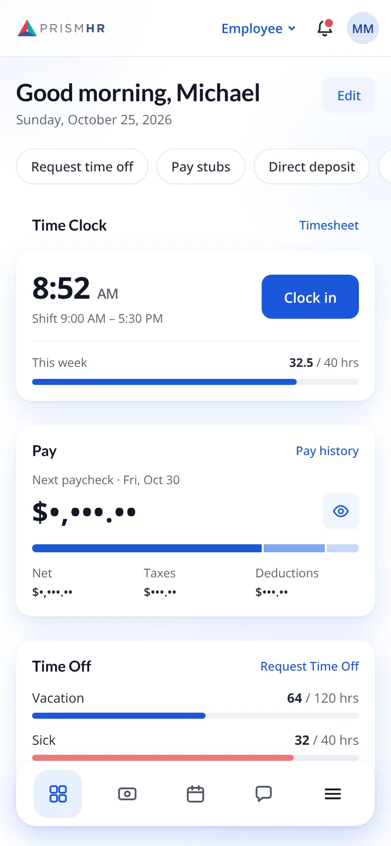 Mobile employee dashboard in light mode with time clock, pay and time off widgets and a bottom navigation bar.