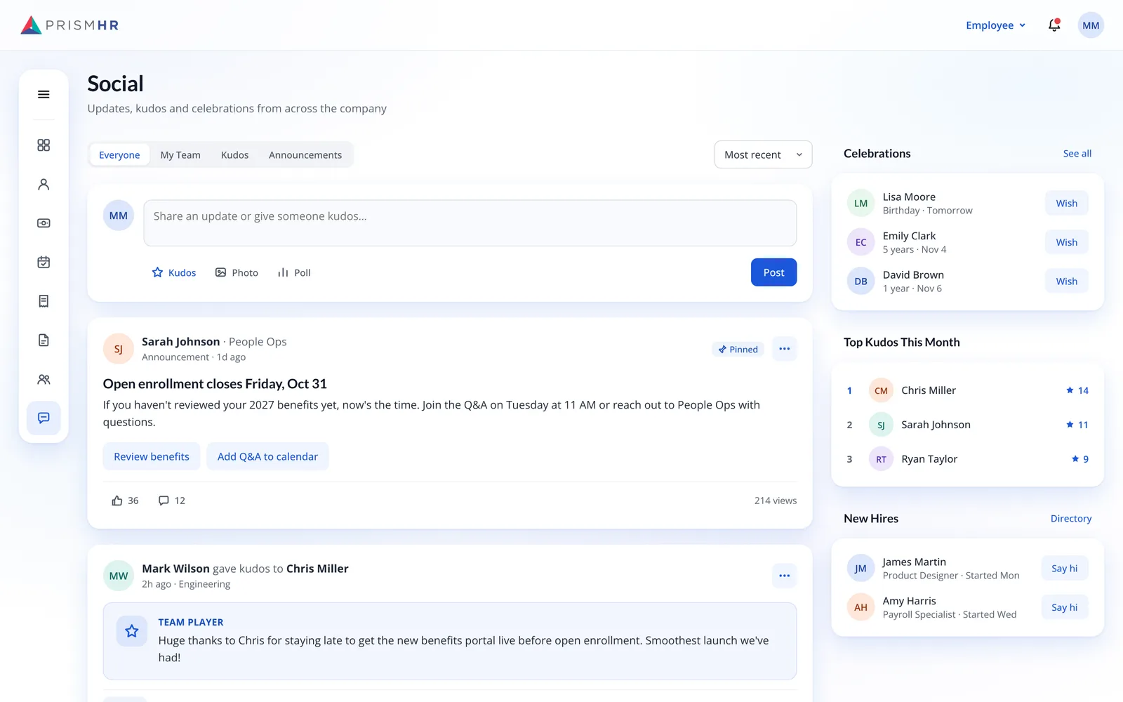 Social page with a composer for updates, kudos, photos and polls, a pinned announcement, a kudos post, and side panels for celebrations, top kudos and new hires.